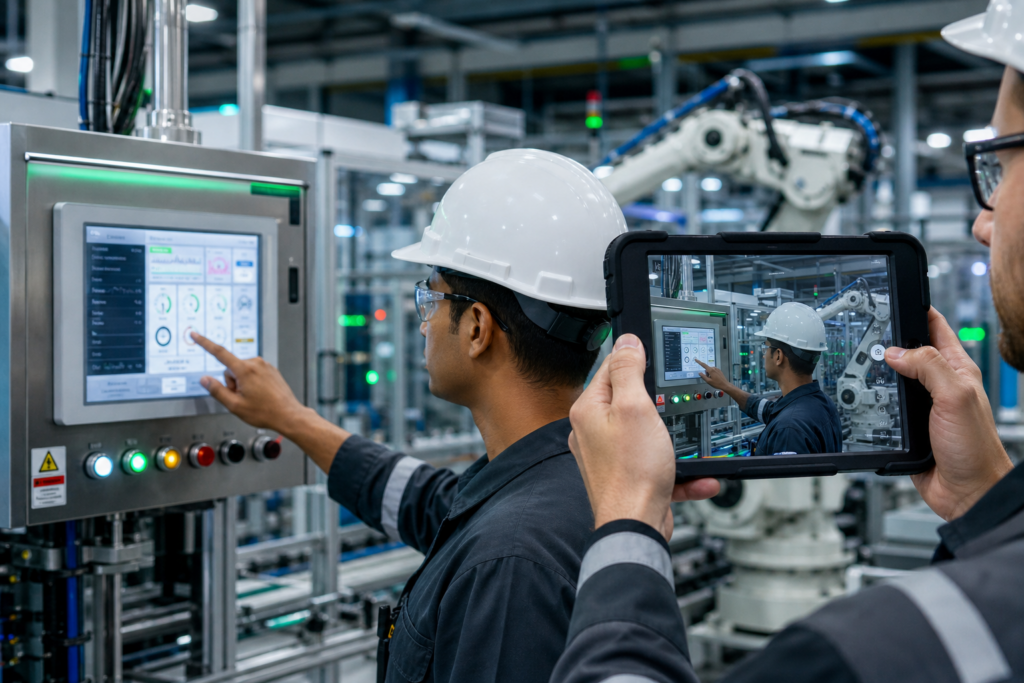 Factory worker filming on ipad 2